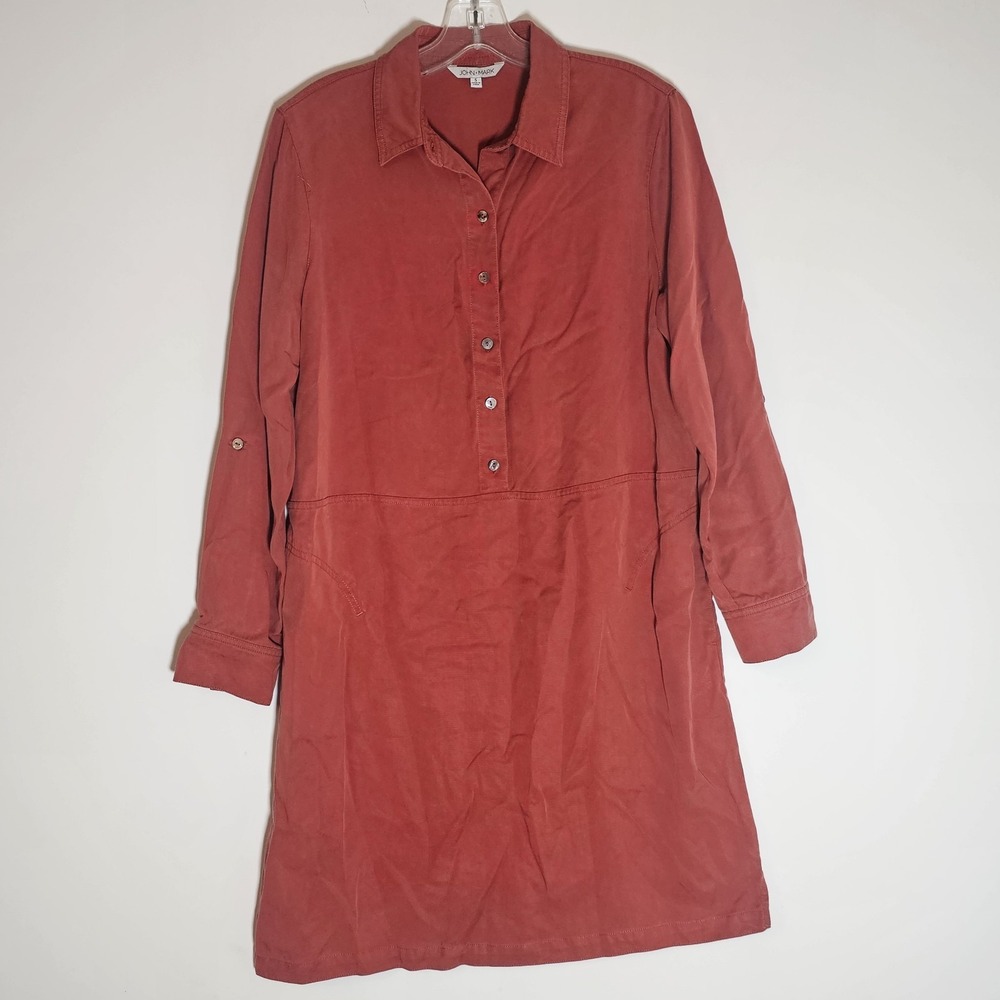John Mark Dress Womens Small Red Orange Shirtdress Roll Tab Casual Comfort Soft